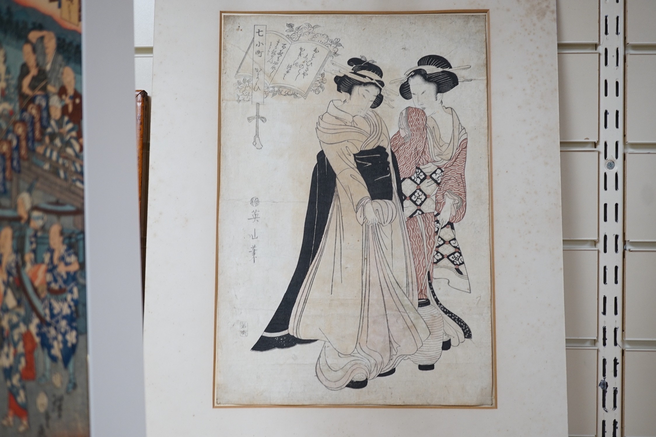 Japanese School, two woodblock prints, Procession of figures, 35 x 23cm and Two geisha, 39 x 26cm, one signed Hiroshige and one signed Eizan, unframed